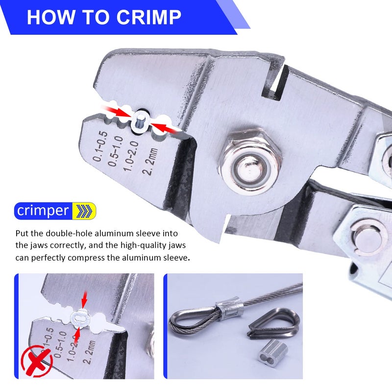 Twidec/Wire Rope Crimping Tool Kit Up To 2.2mm Swaging Tool With 165FT 1/16'' 304 stainless steel Wire Rope And 150PCS 1/16''Aluminum Crimping Loop Sleeve 20PCS Wire Rope Thimbles - Image 3